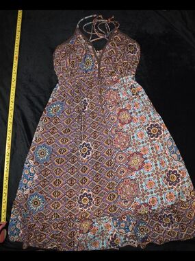 Urban Nomad Boho Mixed-Print Halter Dress in Turquoise, Rust & Pink